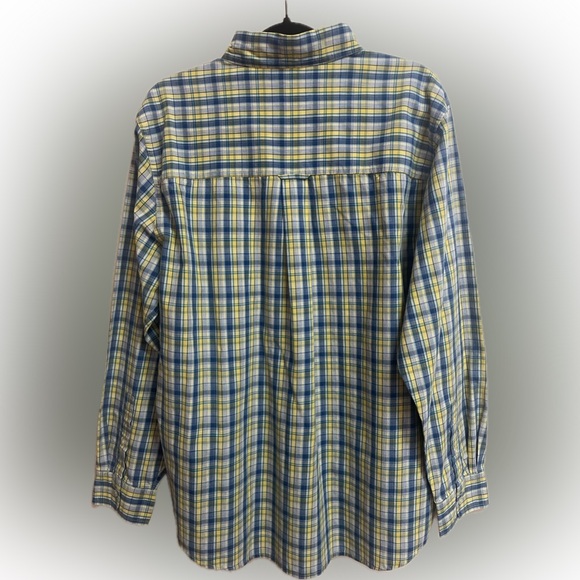 Chaps Men’s Plaid BU LSV Shirt Yellow Blue Size Large 60% Cotton 40% Polyester - Picture 2 of 4
